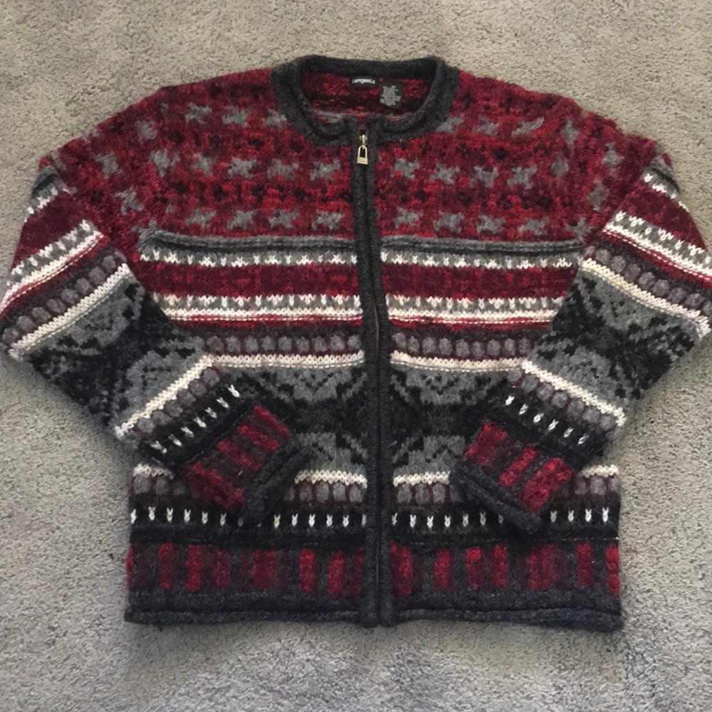 Zip-Up Red/Black/White/Gray Sweater. Size Medium.
